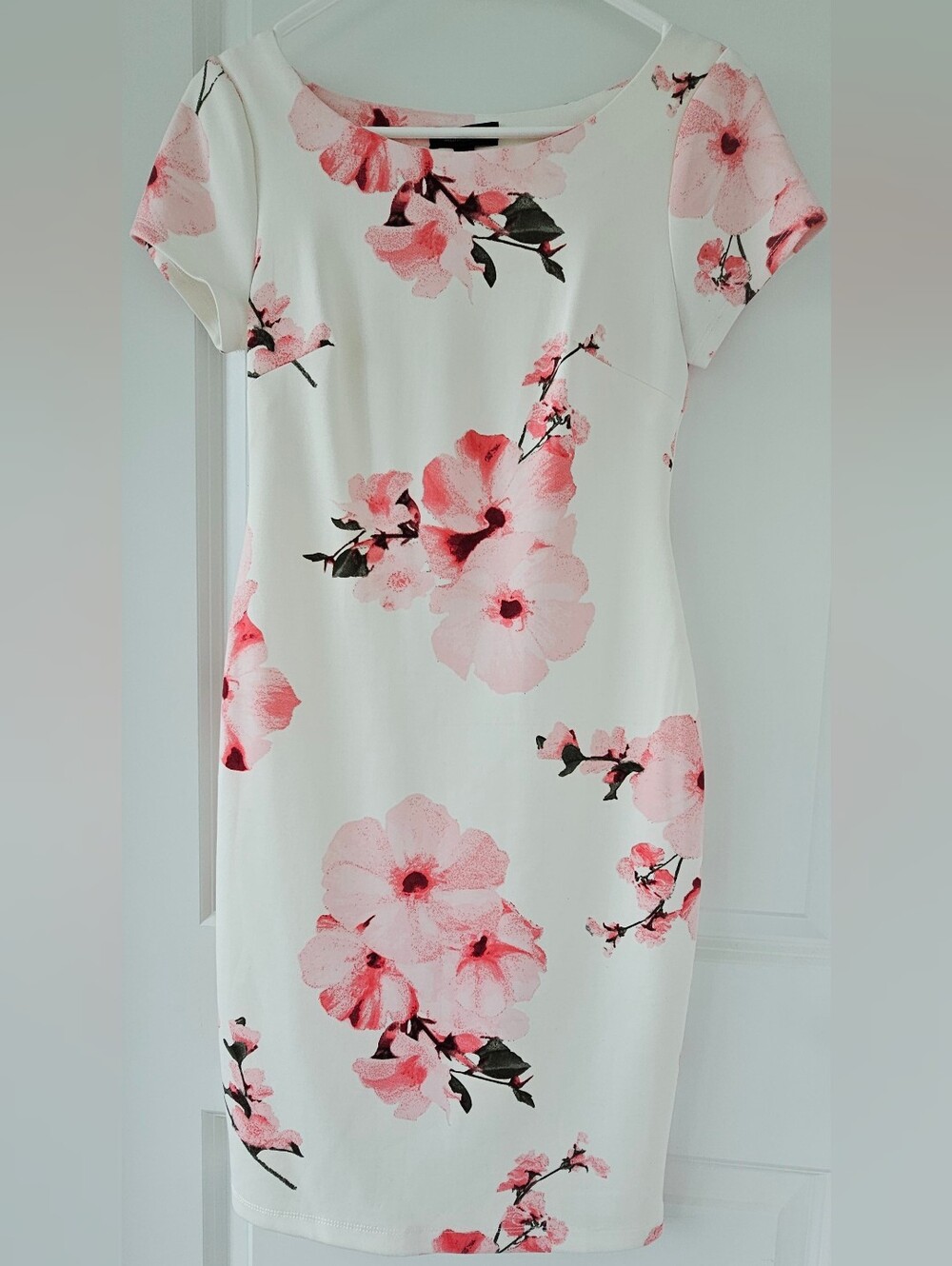 White Sheath Dress with Pink Floral Print